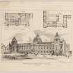 Perspective design and floor plans of Hamilton Town Hall and Public Library.