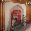 Interior. Ground floor, dining room, view of fireplace at west end