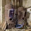 Interior. Original engine room, latterly workshop for the Trust and then, the Council. These two vertical Cochran (Cochrane and Co., Annan) boilers were saved (?from a bakery) by the Birkhill Trust in the 1990s. The 'Old' Pan Mill is on the other side of the wall against which the boilers are sitting.