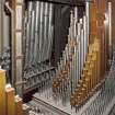 Interior view of Caird Hall, Dundee. 1st floor.  Organ loft upper level, detail of small organ pipes.