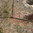 East span, south side, Loups Bridge. Detail view of remains of  deck stiffeners, suspension stay and handrail uprights/stabiliser connections and stretchwires. Note the wought iron 'cotter' pins securing the suspension stays to the deck iron stiffener..