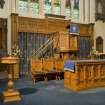 Chancel. Communion table, pulpit and font.