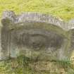 Detail of skull and crossbones and winged hour glass on gravestone to the south of the church