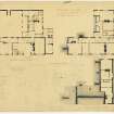 Floor plans for Ground, 1st floor, Attic and Roof  showing lighting etc in red ink . Includes pencil alterations and calculations.
Title: Sandford St Fort for W G H Walker Esq, Floor Plans