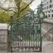 View of wrought iron gate at the Union Terrace entrance into gardens.