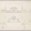 Student measured drawing showing basement floor  plan, south elevation, ground floor plan and first floor plan of centre block..
Title: Castle Semple