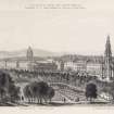 Engraving showing general view of Edinburgh, including West Church, St John's Chapel, St George's Church, Royal Institution, Scott Monument and St Andrew's Church. 
Inscribed: 'Edinburgh from the North Bridge. Published by J L Smith Bookseller & Stationer, 1 Antigua Street'.