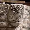 Detail of medieval stone set into font structure.