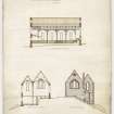 Plans, sections and elevations including details of book board, chimney, seating and tower. Perspective views from North and South-West.