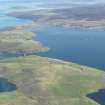 General oblique aerial view of Brae and Muckle Roe Bridge, looking NE.