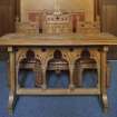 Interior. Church office, detail of ecclesiastical table and chairs