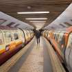 Interior. View looking along the island platform of Bridge Street subway station, with trains at both outer and inner circle platforms