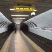 Interior. View looking along the island platform of Bridge Street subway station, towards the tunnel openings and fire exit entrances to tunnels