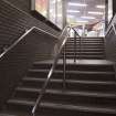 Interior. View looking up staircase linking platform and concourse levels within Bridge Street subway station