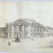Edinburgh, Lothian Road, Usher Hall.
Perspective view of proposed building from Lothian Road.
Titled: 'City of Edinburgh.  Proposed Usher Hall.  Perspective View'.
Label Insc: 'Lent By Mr. Mottram and Mr. Patrick   14 Frederick Street'.
