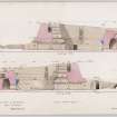 Section through Clickimin broch, looking NW; section through broch looking SE, with annotations and measurements, and indications of levels used for plans. Drawn by Dryden in 1866 and copied by Galloway in 1868.
Titled: 'Brough in the Loch of Clickemin. Near Lerwick. Shetland'.
