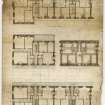 Drawing showing floor plans and foundation plan of design for tenement buildings, Canongate, Edinburgh.
Titled: 'No 1. Plans exc for a Street of Houses for the Working Classes, to be erected at the Canongate, Edinr, the Property of Wm Macfie, Esq'.