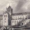 Engraving showing view of St Magnus Cathedral, Kirkwall, from north