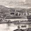 Engraving showing general view of Fort Augustus Abbey including accompanying text