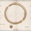 Plans of Ring of Brodgar with notes and measurements; sections through ditch taken at 7 points around circle. Drawn by H Dryden and G Petrie in 1851. 
Titled: 'The large circle, Stennis'.