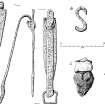 Finds recovered from the infill of the collapsing wall of the cottage annexe. (a) the spring of a steel otter trap; (b) s-shaped iron pot-hook; (c) bristle brush with evidence of tar; (d) small medicine-type bottle; (e) top of the glass chimney of an oil lamp.	