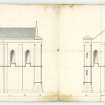 Lower portion of drawing showing south and west elevations and a section relating to project for the restoration of Coldingham Priory. Includes addition of large porch with gallery above in centre of South front, pulpit on north wall, and bellcote above porch.
Shows south elevation, titled 'No.2', and untitled west elevation.
Signed: 'Wm J Gray'.