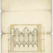Drawing showing interior elevation of wall of church with detailed depiction of windows and arches.