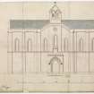 South elevation of Priory without repetition of corner piers on West front and with addition of projecting porch in centre of south front and insertion of lancets.
Titled: 'South Elevation. No.1. Coldingham Priory, July 1854.'