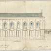 Proposal for project to reduce north elevation of Priory to 7 bays and repeat east front corner piers at west end.
Titled: 'North elevation. Coldingham Priory, July 1854.'