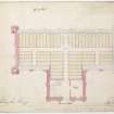 Ground floor plan of Priory including positioning of pews and pulpit against the north wall. The new work is shown in pink.  
Titled: 'Plan no.1. Coldingham Priory'.