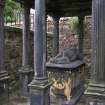 Detail of family vault, damaged, Greyfriar's Burial Ground, Edinburgh.