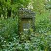 View of gravestone in memory of Adam Curry, builder, Newington Cemetery, Edinburgh. Surrounded by foliage.