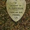 Heart-shaped gravestone inscribed 'IN MEMORY OF A. ANDERSON FROM AN OLD FRIEND. I.S.', Newington Cemetery, Edinburgh.