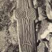 View of cross found at Riasg Buidhe, now situated in the gardens of Colonsay House, Colonsay.
Titled: '100. Cross found at Riskbuie now at Kiloran Gardens.'
PHOTOGRAPH ALBUM NO 186: J B MACKENZIE ALBUMS vol.1