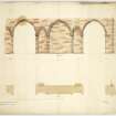 Measured drawing of portion of pier arches in the North transcept and elevation of inside wall and plan.
Titled: 'Portion of the pier arches in the North transcept of Coldingham Priory, (...1855)'.
