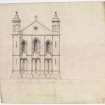 Project for completing East end, with octagonal turrets atop corner piers. Elevation.
Titled: 'Coldingham Priory, East end'.
