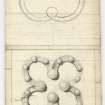 Details of spandrel ornaments; no.s 1 and 2 from left East End interior. Above is other details of spandrel ornament from left of the East End. All from Coldingham Priory.
Titled: 'Spandrels. East End. Half Full Size. July 1855.'
