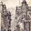 View of College Wynd in the Cowgate, with people in foreground, Edinburgh.
Titled: "Birthplace of Sir Walter Scott, College Wynd"