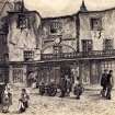 View of West Port frontage of Crombie's Land, with people in street, Edinburgh.
Titled: 'Crombie's Land Exterior. West Port.'