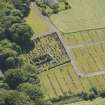 Oblique aerial view of Kilbride Chapel and churchyard, looking to the SSW.