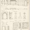 Details of the South wall of Chancel, Chapter house door, Cross on belfry gable, library window and a door to Eastern passage of Crossraguel Abbey.
Titled. 'Crossraguel Abbey, No.6, Ayrshire, 1/2 inch details.'
Signed and Dated. 'John B. Lawson. 1907.'