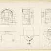 Plan, elevation and sections, drawing of windows in North wall with piscina, aumbry and oratory on second floor of Carrick Castle.