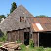 View of the south gable of the mill with the sawmill to the right, taken from the south, from a Standing Building Survey, Glamis Mill, Glamis, Angus.