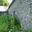 Exterior view of the mill from the showing an out-building to the rear, from a Standing Building Survey, Glamis Mill, Glamis, Angus.