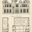 Photo-litho print of elevation to McNeil Street, plansof ground and upper floors.
Titled: 'Hutchesontown District Library, Glasgow'.
Insc: 'Selected Design by James R Rhind, Arch.'.