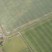 Oblique aerial view of the cropmarks of the trackway, quarries and linear ditches, and adajcent farm buildings at Wester Broomhouse, looking N.