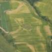 Oblique aerial view of the cropmarks of the barrow cemetery, enclosure, track and pits at Tarradale House, looking NNW.