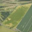Oblique aerial view of the cropmarks of the enclosure, possible sunken floored buildings and pits, looking ESE.