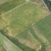 Oblique aerial view of the cropmarks of the rig and furrow and pits, looking ENE.