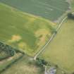 Oblique aerial view of the cropmarks of the enclosure, possible sunken floored building and pits, looking S.